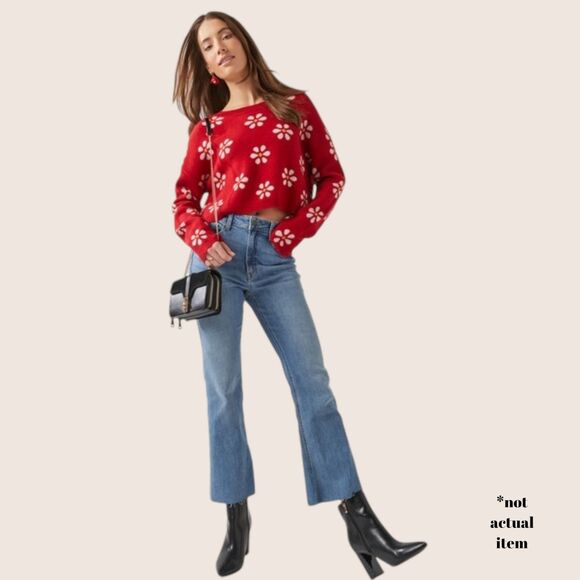 🌼 XL JOSELYN CREW NECK PULLOVER DAISY FLORAL SLIGHT CROP SWEATER Y2K STYLE RED - Picture 3 of 9